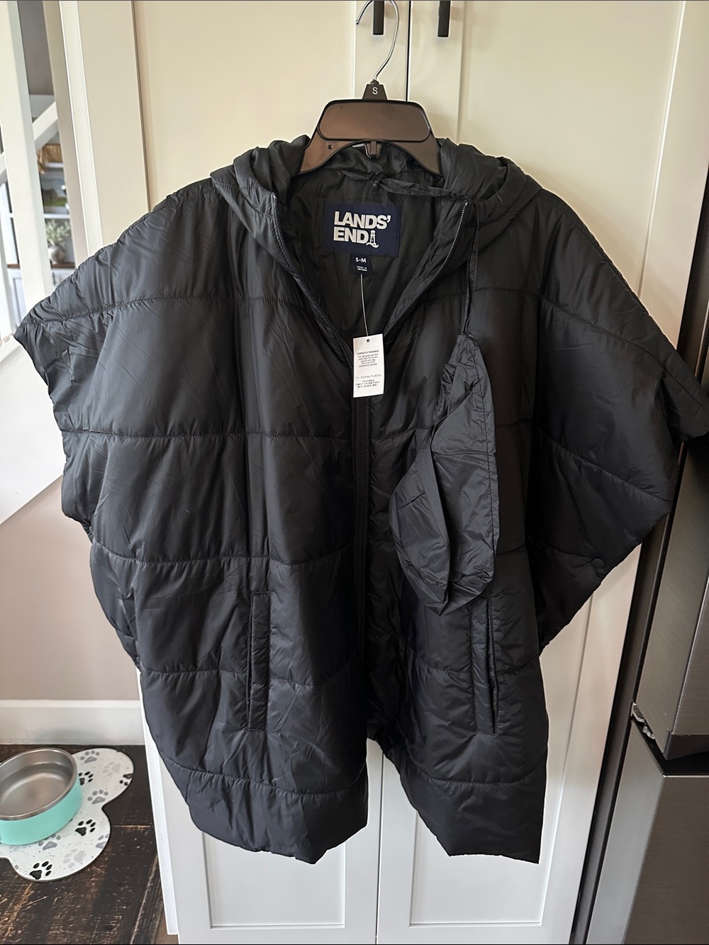 Lands' End Black Quilted Hooded Packable Poncho